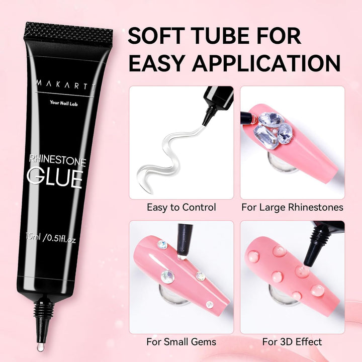 Nail Rhinestone Glue Set - Gel Nail Glue for Rhinestones, 3D Art Design Super Strong Adhesive for Charm Gems Jewel Crystal Beads Diamonds, 15Ml & 8Ml, Easy Use, Cured Need
