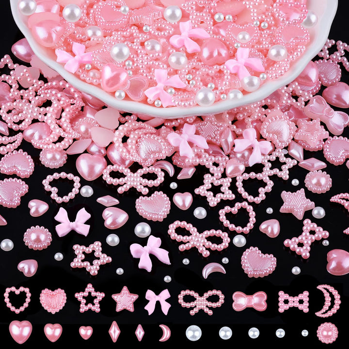 1200Pcs 3D Multi Shapes Nail Charms and Flatback Pearls, White&Pink Mix Styles Heart Star Bow Sunflower Embellishments for Nail Art, Craft and Decoration with Tweezer and Pickup Pencil