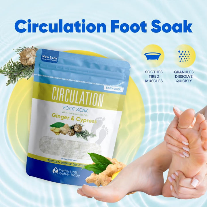 Circulation Foot Soak 32 Ounces (2 Lbs) Epsom Salt with Pure Essential Oils Ginger and Cypress Essential Oils plus Vitamin C in BPA Free Pouch with Easy Press Lock Seal
