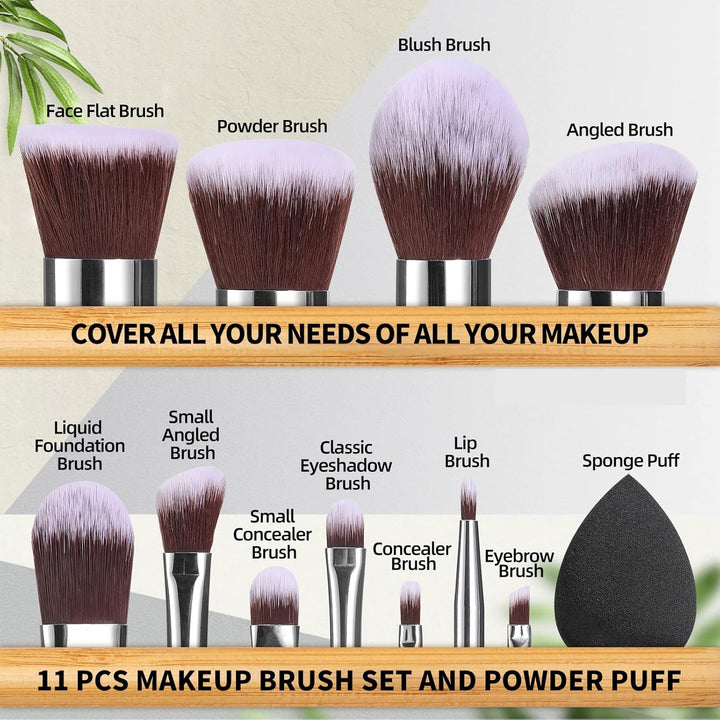 Makeup Brush Set 11Pcs Bamboo Synthetic Kabuki Brush Set Foundation Powder Blending Concealer Eye Shadows Blush Cosmetics Brushes with Organizer Bag & Makeup Sponge (Style, Count, 12)