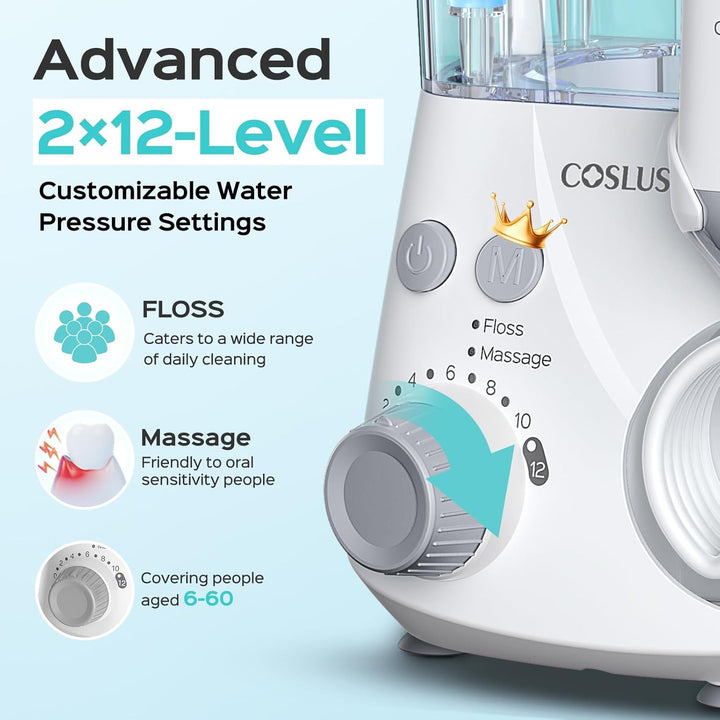 Advanced Water Flosser for Teeth: 2 Modes & 12 Pressure Settings Electric Dental Pick for Orthodontic, Braces, Sensitive Gums - Home Use, ​​5 Jet Tips for Multiple Users, Family, White, E2