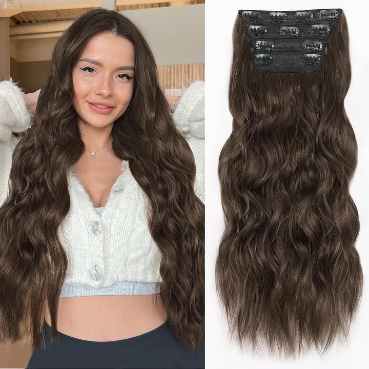 Clip in Long Wavy Synthetic Hair Extension 24 Inch Black 4PCS Thick Hairpieces Fiber Double Weft Hair for Women