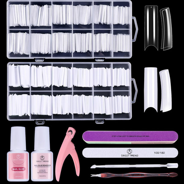 Fake Nail Tips White Clear:  No C Curve Tapered Square Nail Tips for Acrylic Nails - 480Pcs 12 Sizes Extra Long Straight Nail Extension Kit - with Glue Remover & Glue Acrylic Clippers Set