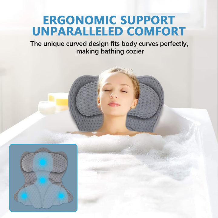 Bath Pillows for Tub,Bath Pillow with 6 Non-Slip Suction Cups,Soft 4D Mesh Fabric,Bathtub Pillows for Tub Neck and Back Support,Extra Thick Luxury Bathtub Pillows,Grey