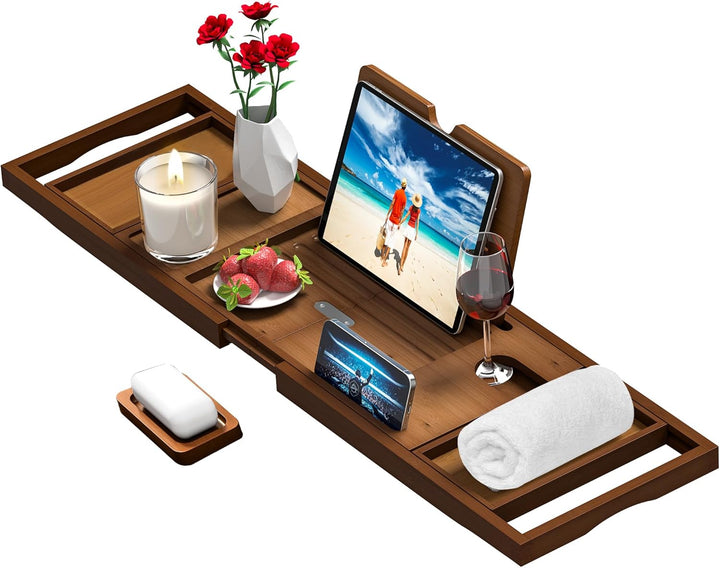 Premium Bamboo Bathtub Tray Caddy - Bath Tub Tray Table for Bathtub - Bath Caddy Tray for Bathtub, Expandable Size, Fits Most Bath Tubs