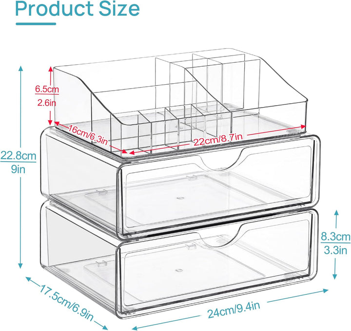 3 Tier Clear Makeup Organizer with Drawer, Cosmetic Storage for Dresser Countertop and Bathroom Vanity, Beauty Holder for Lipstick Brush Skincare