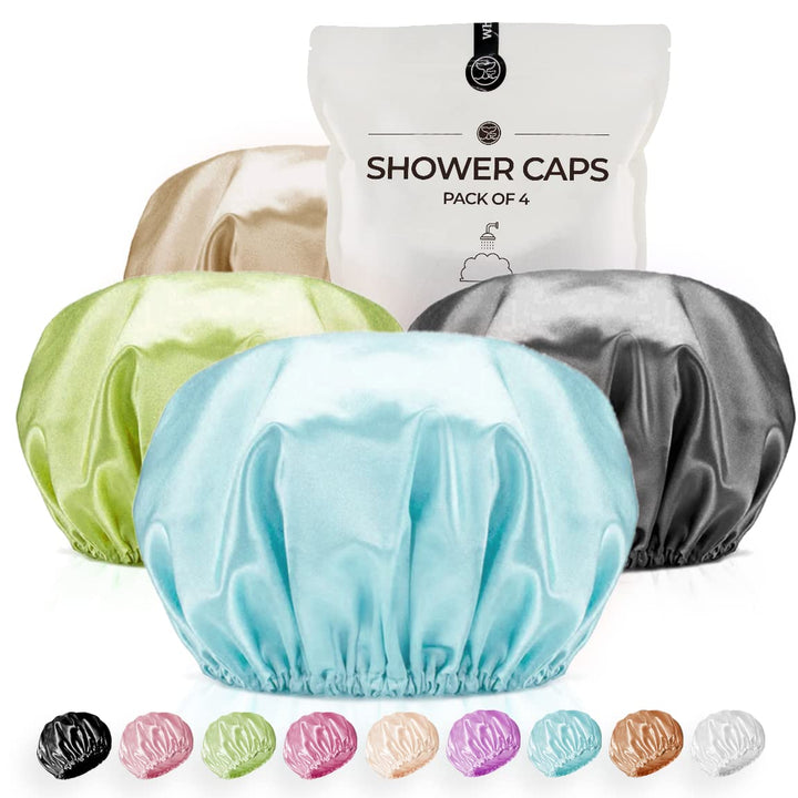 Extra Large Reusable Shower Cap for Men, Women (Black 4 Pack ) Satin Double Layer EVA Waterproof Long Hair Cap