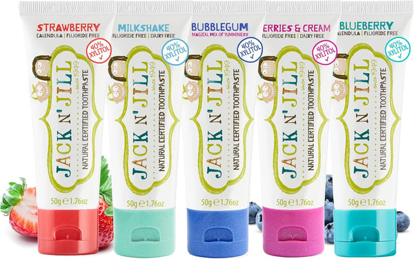 Natural Toothpaste for Kids - Fluoride Free Toothpaste, Safe to Swallow, 40% Xylitol, BPA Free - 1.76 Oz (Variety Pack of 5)