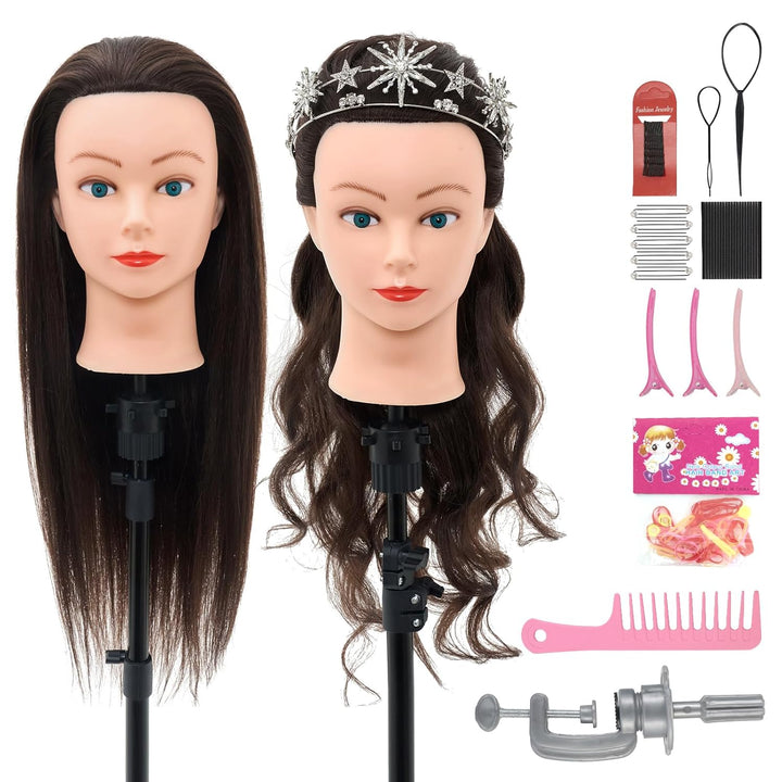 Mannequin Head with 80% Real Human Hair, 28“ Make up Cosmetology Manikin Practice Head with Hair,Braiding Hairdressing Doll Head with Table Clamp + DIY Hair Styling Set Suitable for Hair Extensions