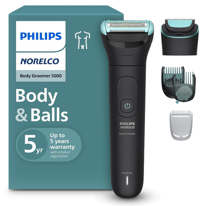 Body Groomer 5000 Series, Intimate Hair Trimmer & Shaver for Men with Dual 100% Showerproof Full Body Shave & Trim Heads and Two Bi-Directional Body Hair Combs, BG5495/50