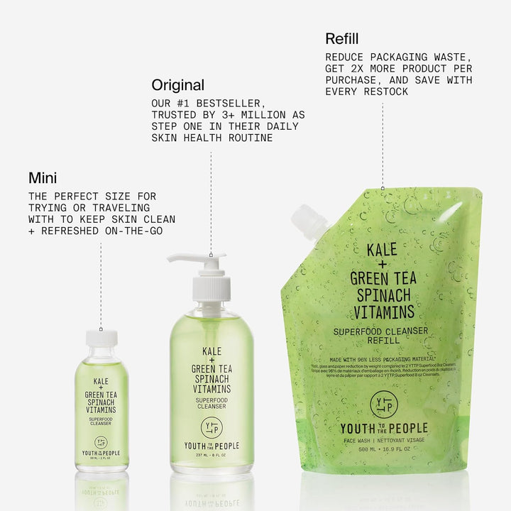 Superfood Facial Cleanser - Kale + Green Tea Daily Face Wash, Gentle Makeup Remover, with Soothing Antioxidants for Glowing Skin, Ph Balance, Clean Pores, Sulfate-Free, Refillable