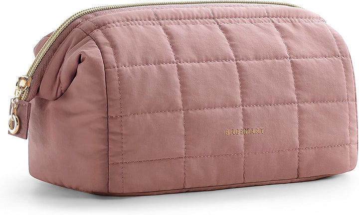 Makeup Bag Travel Toiletry Bag, Puffy Padded Make up Bags for Women Makeup Organizer Case, Wide-Open Pouch Purse Travel Essentials Toiletries Accessories Brushes, Pink