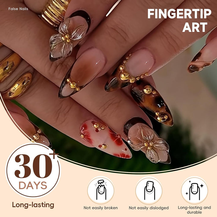 Medium Almond 3D Brown Gold Flower Press on Nails-‎ Tortoiseshell Leopard French Tip Blossom Gradient Design,24Pcs Handmade Fall/Autumn/New Year Glue on Acrylic Fake Nail Press Ons for Women