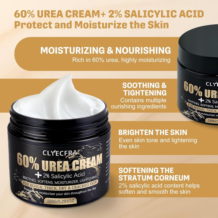 60% Urea Cream with 2% Salicylic Acid, Urea Cream 60 Percent for Feet & Hands- Maximum Strength Moisturizer for Rough, Dry, Thick & Cracked Skin, Callus Remover, Deep Hydration, 150G