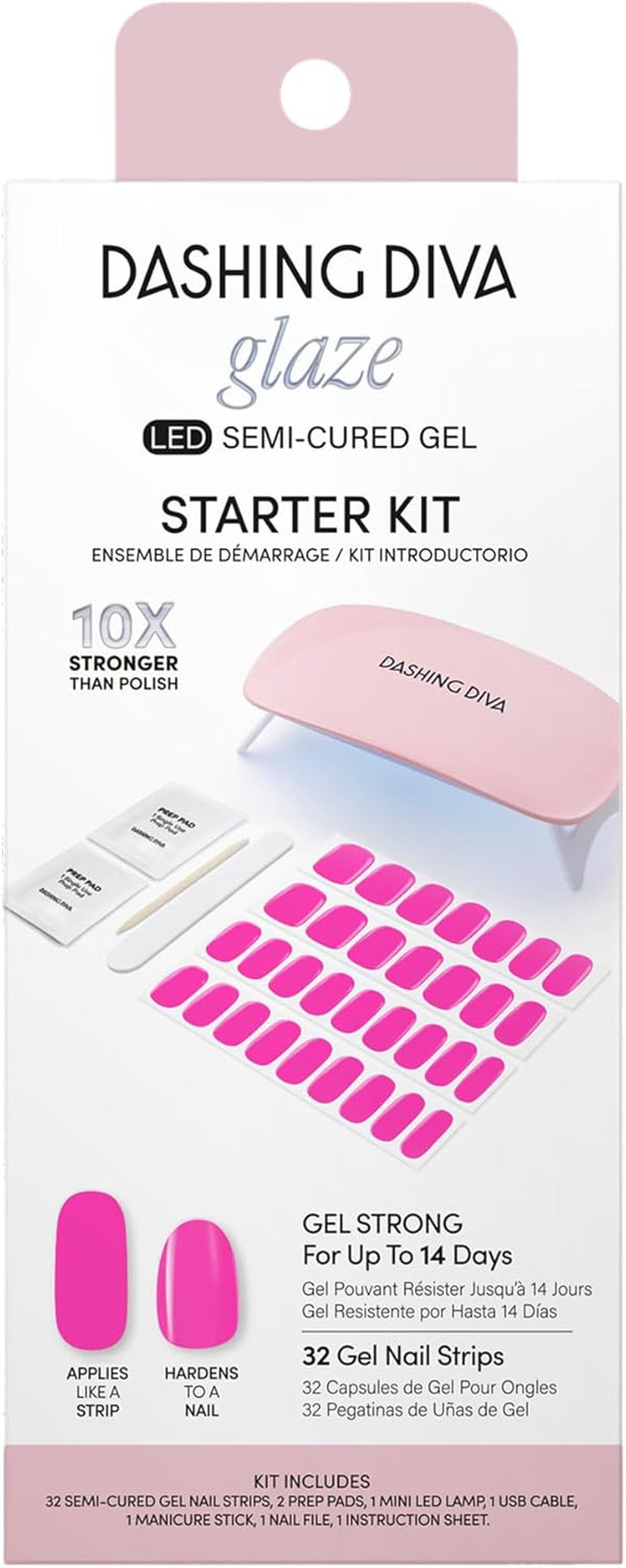 Glaze Nail Starter Kit - Real Black - Long Lasting, Chip Resistant, Semi-Cured Gel Nail Strips - 7-Piece Manicure Set with 32 Strips and Mini LED Lamp