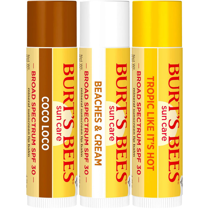 Burt’S Bees SPF 30 Lip Balm, Island Getaway - Coco Loco, Beaches & Cream, Tropic like It'S Hot, Water-Resistant Sun Care, Natural Origin Lip Treatment, 3 Tubes, 0.15 Oz