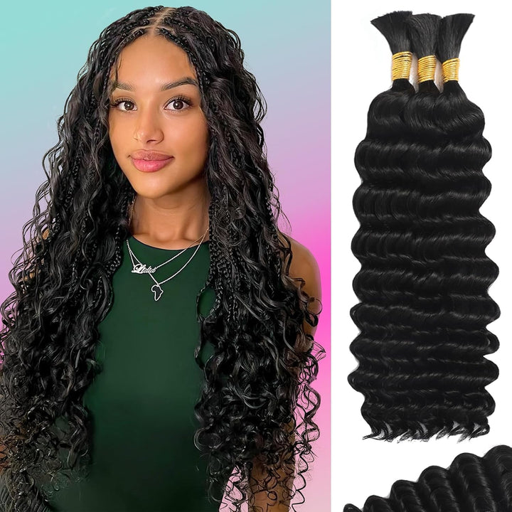 Human Braiding Hair for Boho Braids Human 110G 20 Inch Curly Boho Hair for Braiding Knotless 12A Deep Wave Bulk Bohemian 3 Bundles/Pack Natural Color
