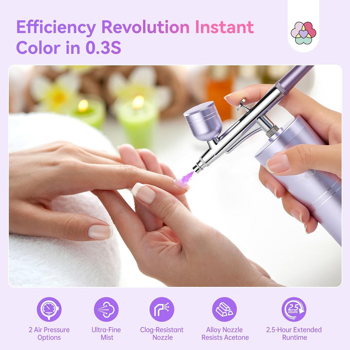 Advanced Airbrush for Nails: Limitless Nail Art Creativity Airbrush Kit Pro Dual-Mode Rechargeable 0.3Mm Nozzle Makeup Set Nail Airbrush Machine for Ombre French Airbrush Paint Salon（Purple）