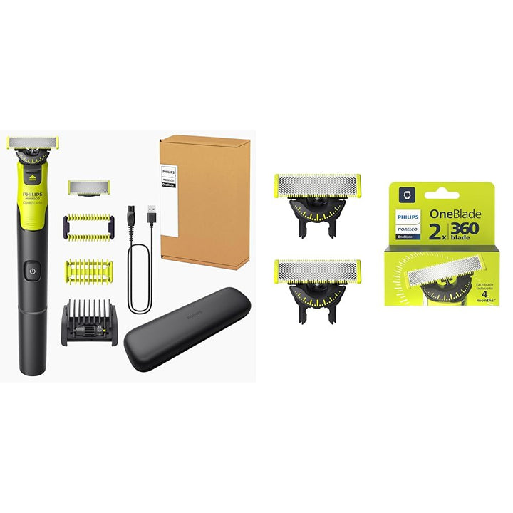 Oneblade 360 Hybrid Blade for Face + Body, Electric Beard Trimmer, Shaver and Groomer, with 360 Blade Technology, 5In1 Adjustable Comb, 1X Body Kit, Model QP2834/70, Black/Lime Green