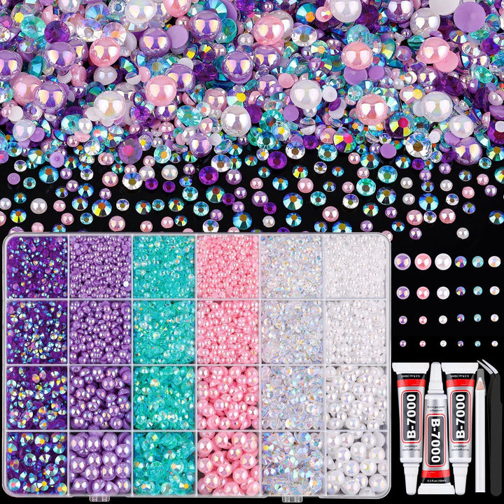 9000PCS Flatback Pearls and Pink Rhinestones for Bedazzling Kit, Pink White 3-10Mm Resin Rhinestones Gems and Half Pearls for Crafting, Nail Art and Grad Cap Decor with B7000 Jewelry Glue