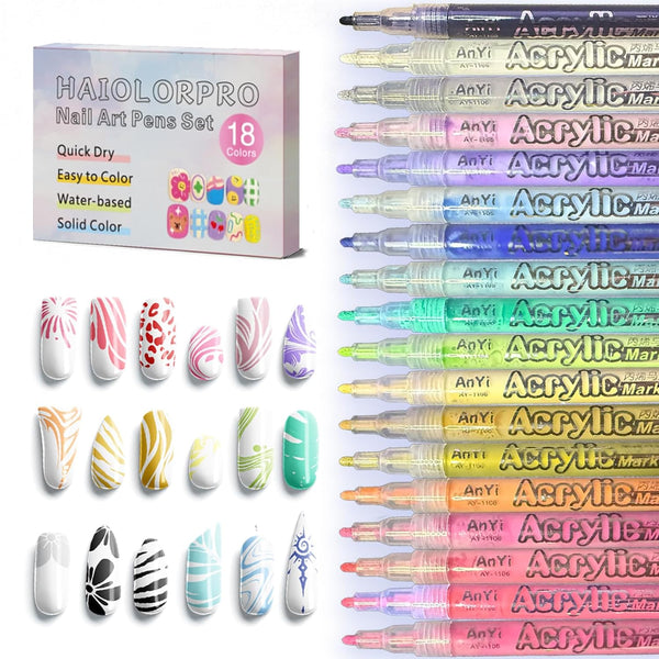 18 Colors Nail Art Pens Set, 3D Gel Nail Polish Pen Water-Based Quick Drying, Acrylic Nail Paint Pens Kit Drawing Painting Liner Dotting Graffiti Manicure for Home Salon DIY