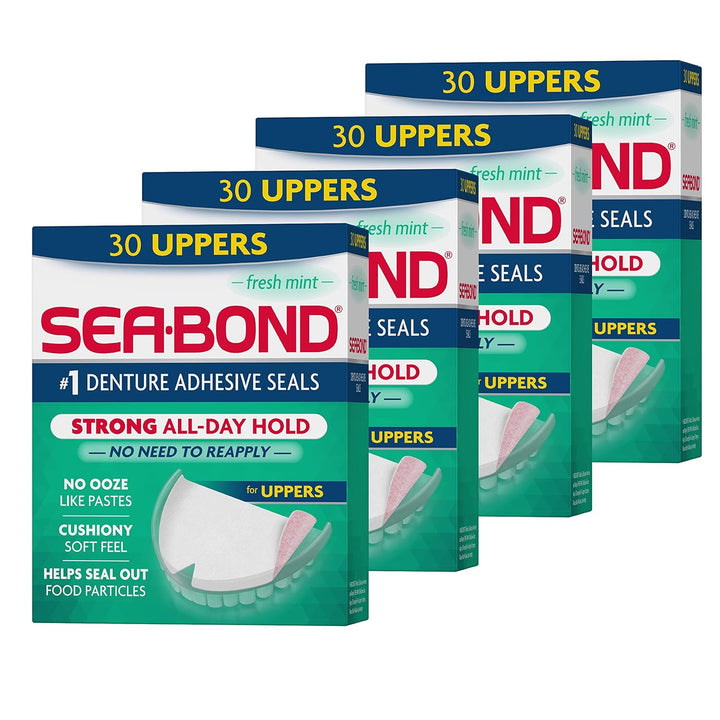 Secure Denture Adhesive Seals, Fresh Mint Uppers, Zinc-Free, All-Day-Hold, Mess-Free, 30 Count (Pack of 1)