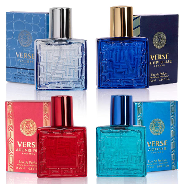 Verse Mini 4-Piece Fragrance Gift Set for Men - Aromatic, Floral, Oriental & Woody Notes - Individually Boxed - Travel Size - 25Ml Eau De Parfum