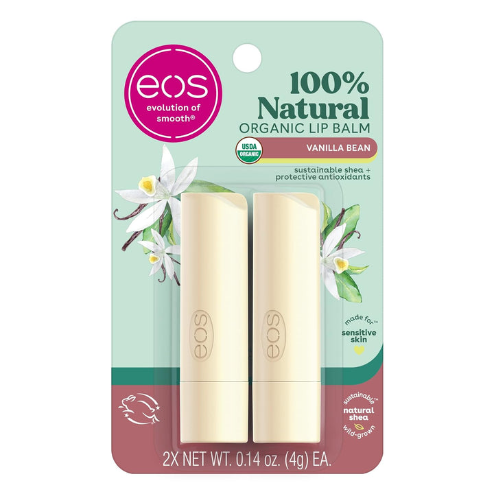 100% Natural & Organic Lip Balm Sticks - Vanilla Bean, All Natural Lip Balm, All-Day Moisture, Dermatologist Recommended, 0.14 Oz, 2-Pack