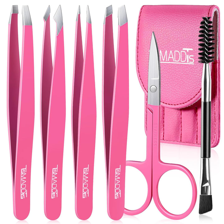 6 PCS Tweezers Set for Women, Eyebrow Tweezers with Curved Scissor for Ingrown Hair, Hair Plucking Daily Beauty Tools with Leather Travel Case