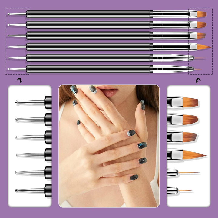 Nail Dotting Tools 6PCS Double-Ended Nail Art Brushes Kit Nail Art Gel Polish Liner Brushes Design Pen for Nail Drawing and Nail Paint Brushes Small Detail Brushes