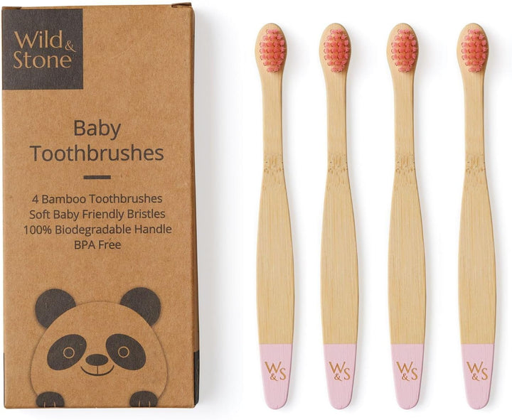 Organic Baby Bamboo Toothbrushes | 4 Pack | Soft Bristles | 100% Compostable Handle | BPA Free | Vegan Baby Toothbrushes (Multicolour)