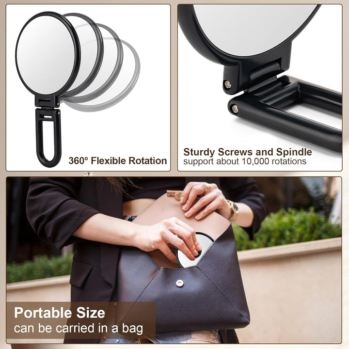 1X/10X Magnifying Handheld Mirror Double Sided, Foldable Travel Makeup Mirror, Adjustable Rotation Pedestal Hand/Hanging/Desk Vanity Mirror-Black