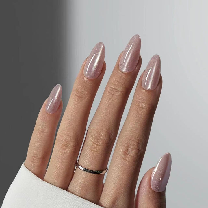 Press on Nails Almond Fake Nails French Tip False Nails with Gold Line Design Glue on Nails Press Ons Medium Acrylic Nails Glossy Full Cover Stick on Nails for Women Manicure 24Pcs