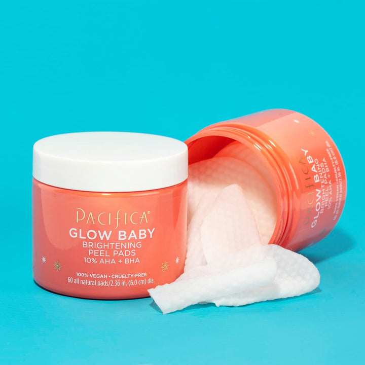 Glow Baby Brightening Peel Pads 10% AHA + BHA Exfoliating Face Pads for Glowing Skin Resurfacing Glycolic Acid & Salicylic Acid Pad to Smooth Texture & Minimize Pores Fragrance Free 60 Count