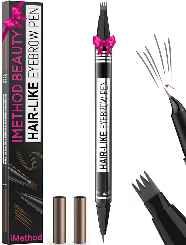 Microblading Eyebrow Pen - Eyebrow Pencil Magical 2-In-1 Dual-Ended Eye Brow Pencils for Women with 4-Fork-Tip & Precise Brush-Tip Create Natural Hair-Like Brows, Last All-Day, Dark Brown
