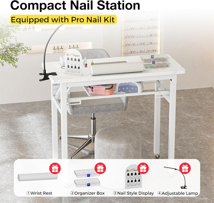 Portable & Foldable Manicure Table W/Dust Collector, Rolling Nail Tech Desk W/Led Light Lamp, Wrist Cushion, Lockable Wheels, Carrying Case, for Home Travel Beauty Salon Workstation (Marble White)