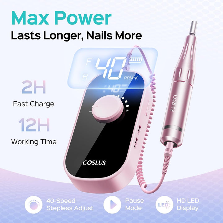 Professional Rechargeable Electric Nail Drill 40000 RPM, Portable Nail File with Storage Stand for Acrylic Gel Polishing Removing - Easy to Use for Women, Manicure at Home DIY or Salon, Pink