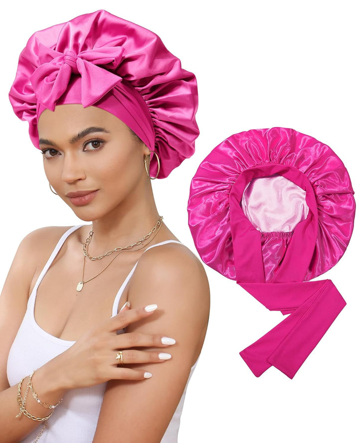 Satin Bonnet for Sleeping Cap Double Layer Hair Bonnet with Elastic Tie Band for Curly Hair Night Cap (Bean Paste + Pink)