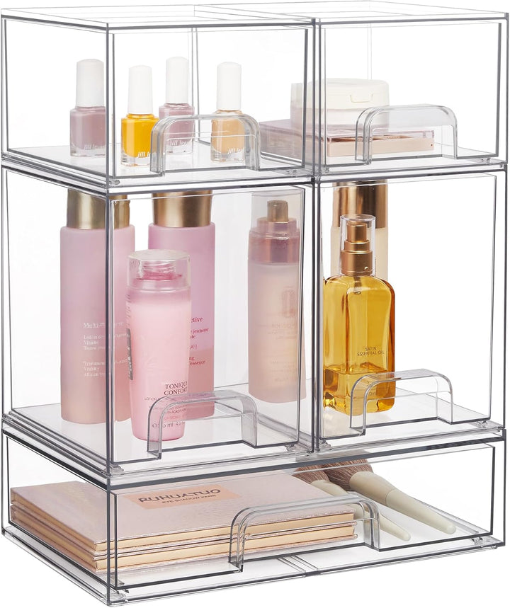 Stackable Storage Drawers Set of 5, Clear Plastic Organizer Bins for Beauty Supplies,Ideal for Vanity, Bathroom,Cabinet,Pantry Organization