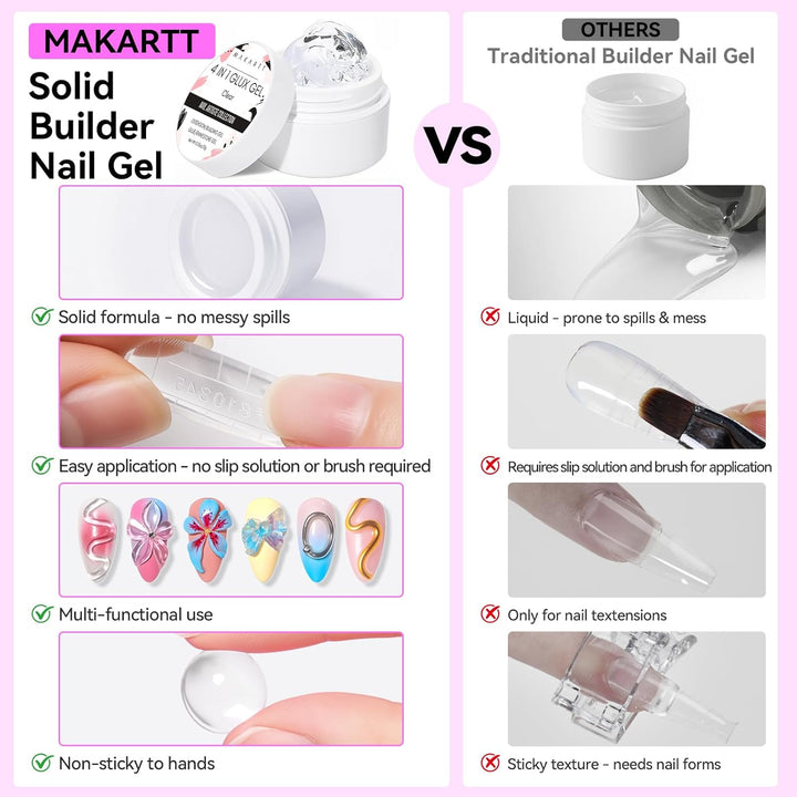 3D Gel Nail Art: Clear Solid Builder Nail Gel 4 in 1 Non-Sticky for Extension UV Glue for Acrylic Nails Rhinestones 3D Sculpting Hard Gels UV/LED Lamp Required 15Ml