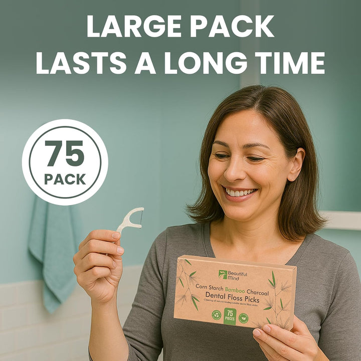 Natural Dental Floss Picks 75 Pack – Organic Biodegradable Floss Sticks with Strong Bamboo Charcoal Thread & Vegan Cornstarch Handle – No Plastics, No Artificial Flavours - Kraft Paper Box