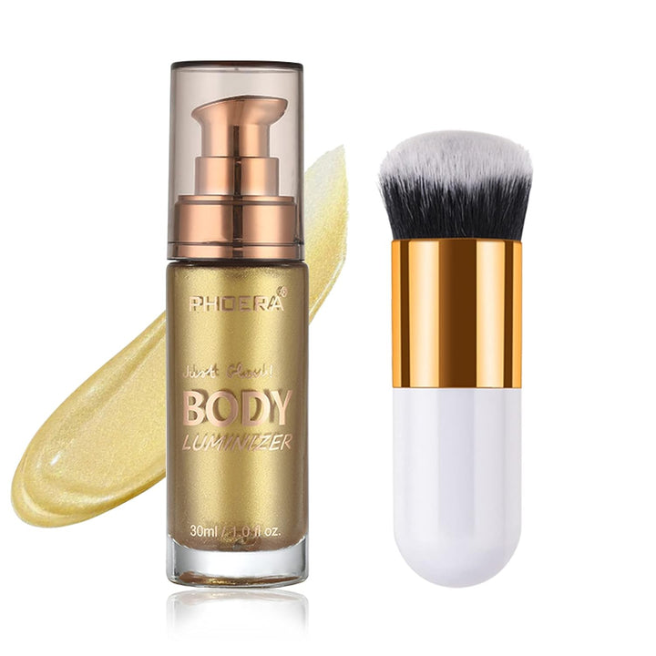 Body Shimmer Oil, Glistening Bronze Natural Glow Luminizer, Long Lasting Waterproof Moisturizing Liquid Illuminator Highlighter Makeup for a Sun-Kissed Glow, Brush Include, 1Oz, Medium
