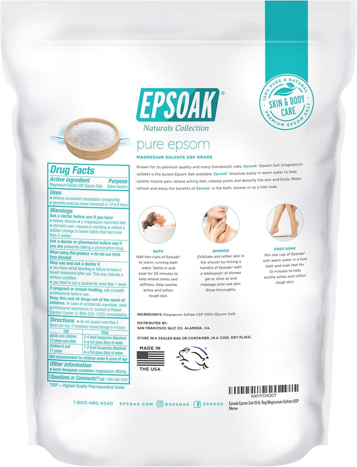 Epsom Salt 19 Lb. Magnesium Sulfate USP, Resealable Epsom Salt Bulk Bags Unscented, Made in the USA, Cruelty-Free Certified