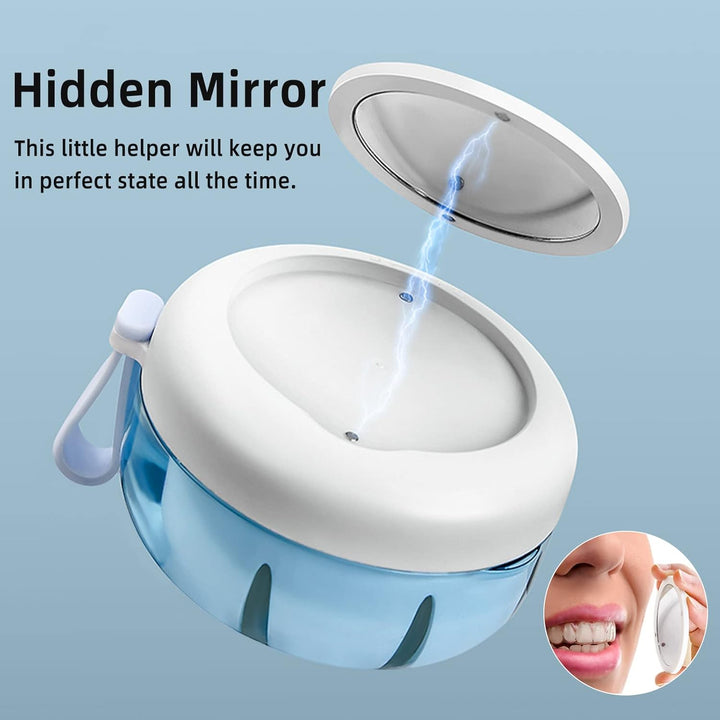 Leak Proof Denture Cup Kit Portable Retainer Case Perfect for Travel, Denture Case Container Cleaning Care for Dentures Aligner Mouth Guard with Denture Brush,Strainer, Removal Tool and Mirror