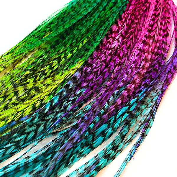 Hair Feathers in Rainbow Tie Dye Bright Colors, 20 Long Feathers with Beads and Loop Tool DIY Kit, Grizzly Rooster Feather Hair Extensions