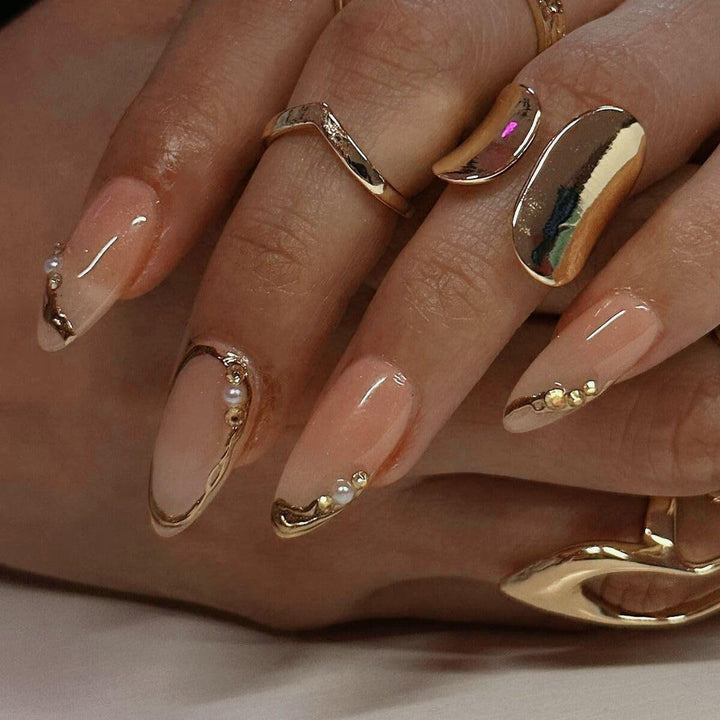 Press on Nails Almond Fake Nails French Tip False Nails with Gold Line Design Glue on Nails Press Ons Medium Acrylic Nails Glossy Full Cover Stick on Nails for Women Manicure 24Pcs