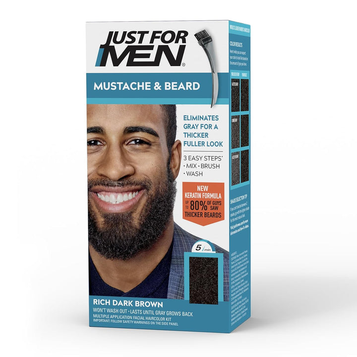 Mustache & Beard, Beard Dye for Men with Brush Included, with Keratin Biotin Aloe and Coconut Oil for Healthy Facial Hair - Dark Brown, M-45, Pack of 1 (Packaging May Vary)