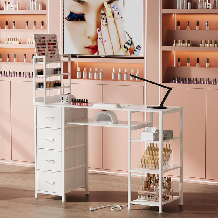 Manicure Table Nail Desk for Nail Tech with Drawers and Power Outlet,Nail Beauty Table with Storage and Open Shelves for Home,Workshop,Makeup Beauty Salon Workstation (White)
