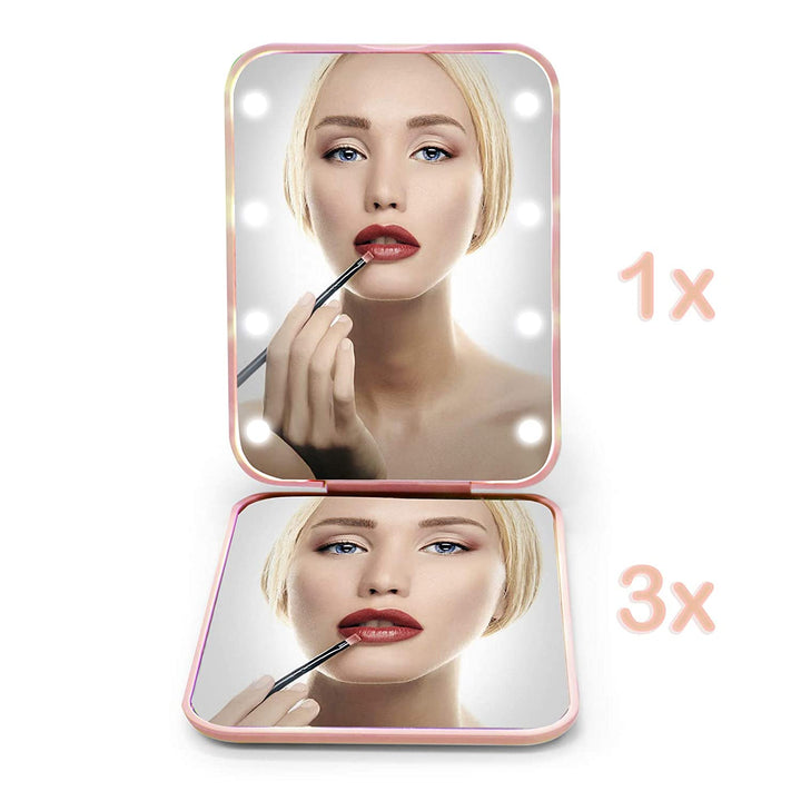 Pocket Mirror, 1X/3X Magnification LED Compact Travel Makeup Mirror with Light for Purse, 2-Sided, Portable, Folding, Handheld, Small Lighted Mirror for Gift, Pink