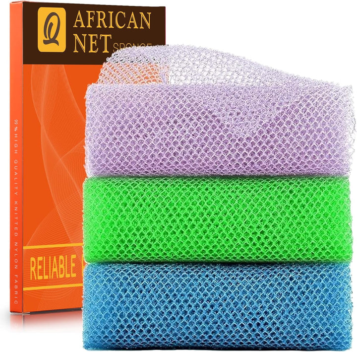 3 Pieces African Bath Sponge African Net Long Net Bath Sponge Exfoliating Shower Body Scrubber Back Scrubber Skin Smoother,Great for Daily Use (Pink,Yellow,Purple)